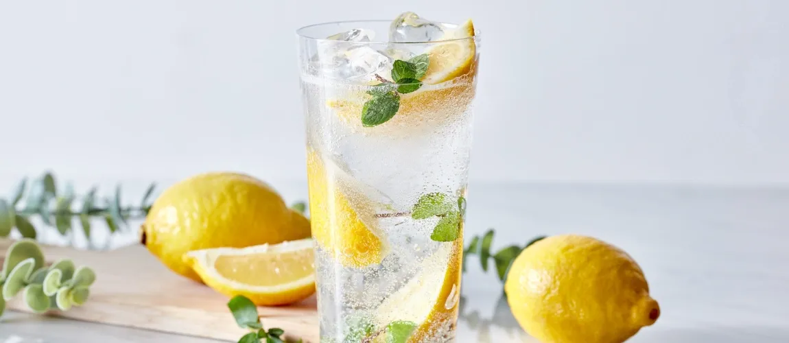 Ein Glas Wasser mit Zitronenscheiben und Minze.