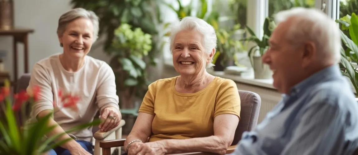 Drei Senior:innen sitzen beisamen und lächeln.