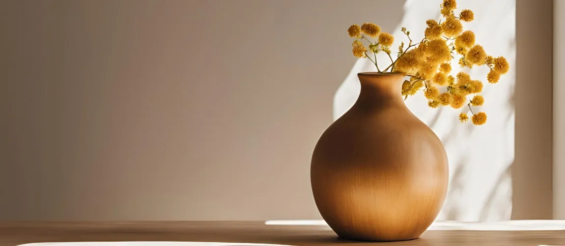 Eine Vase mit Blumen steht im Licht der Sonne auf dem Boden.