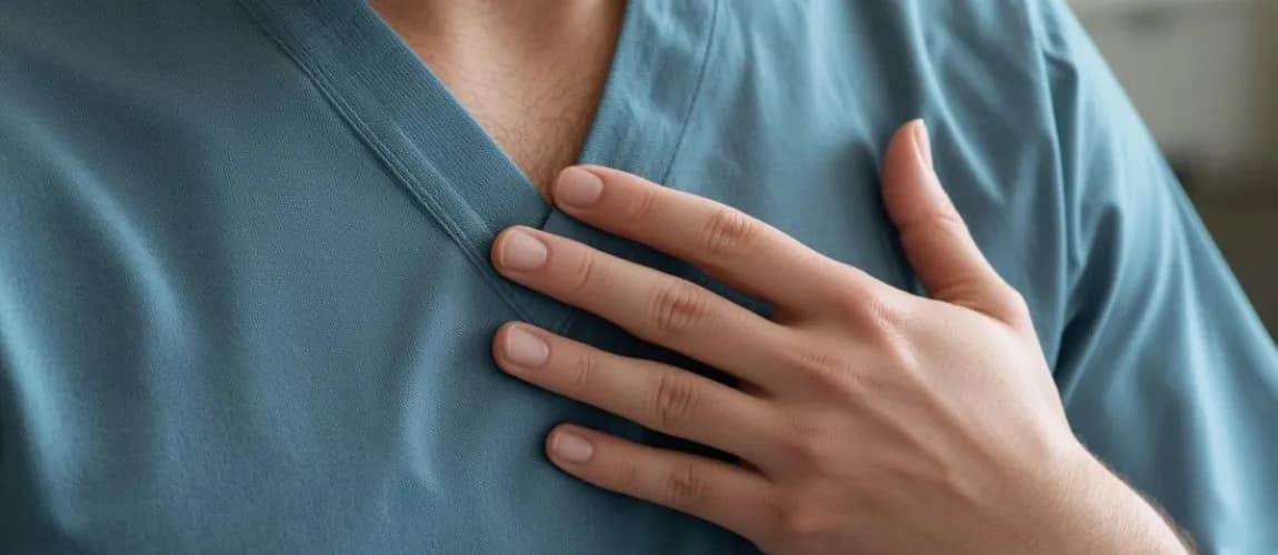 Eine Person in Pflegekleidung fasst sich mit einer Hand an den Brustkorb.